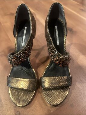 Vera Wang Lavender Label Gold Jeweled Snake-Embossed Ankle-Strap Heels